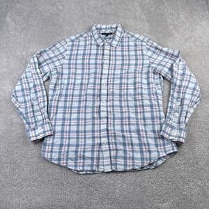 Banana Republic Shirt Mens Large Grey Red Checkered‎ Linen Blend Button Up
